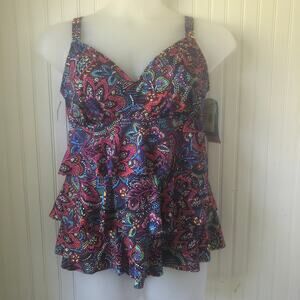 SWIM SOLUTIONS Retail $99 Floral Tiered Tummy Control Tankini One Piece Size 18